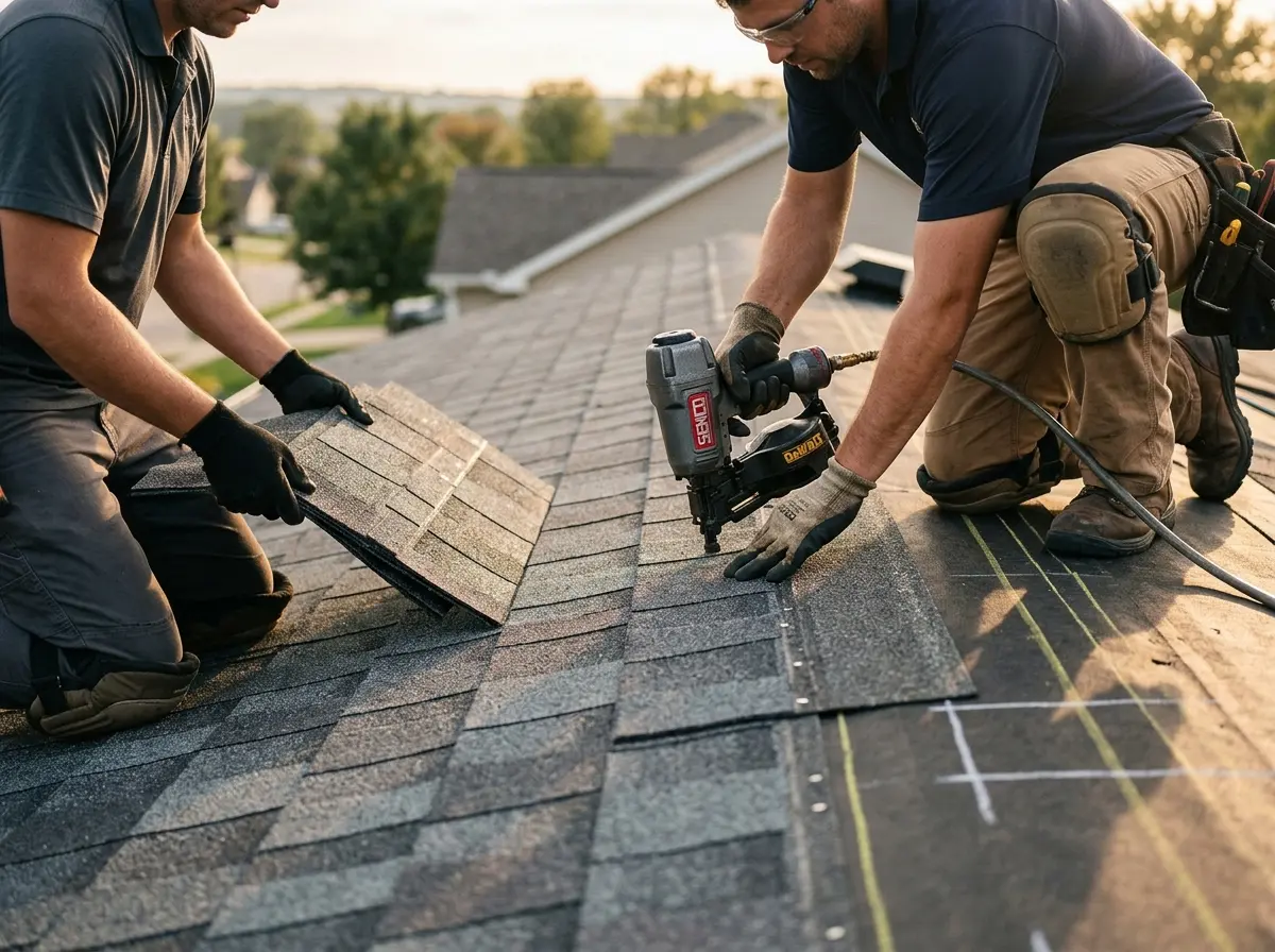 Professional roofer working on a residential roof in Willow Park